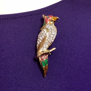 Vintage Rhinestone Parrot Brooch. Bird Lover Gift.  Enamel on Gold Tone. Gift Boxed