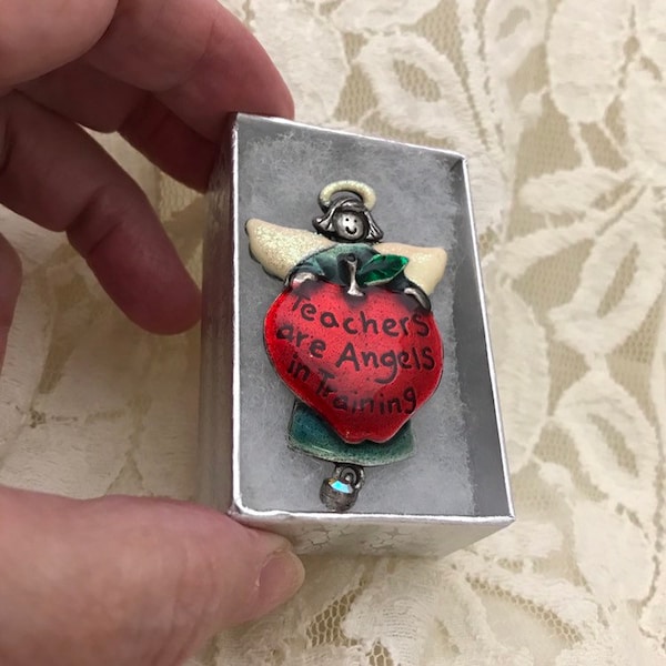 AJMC Teacher Brooch. Vintage Angel Enamel on Pewter "Teachers are angels in training."  Articulated Jewelry. Teacher Appreciation Gift