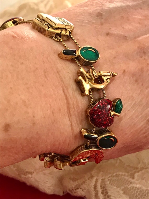 Science Teacher Charm Bracelet: Apple, Microscope, Books - Gold Tone View 4