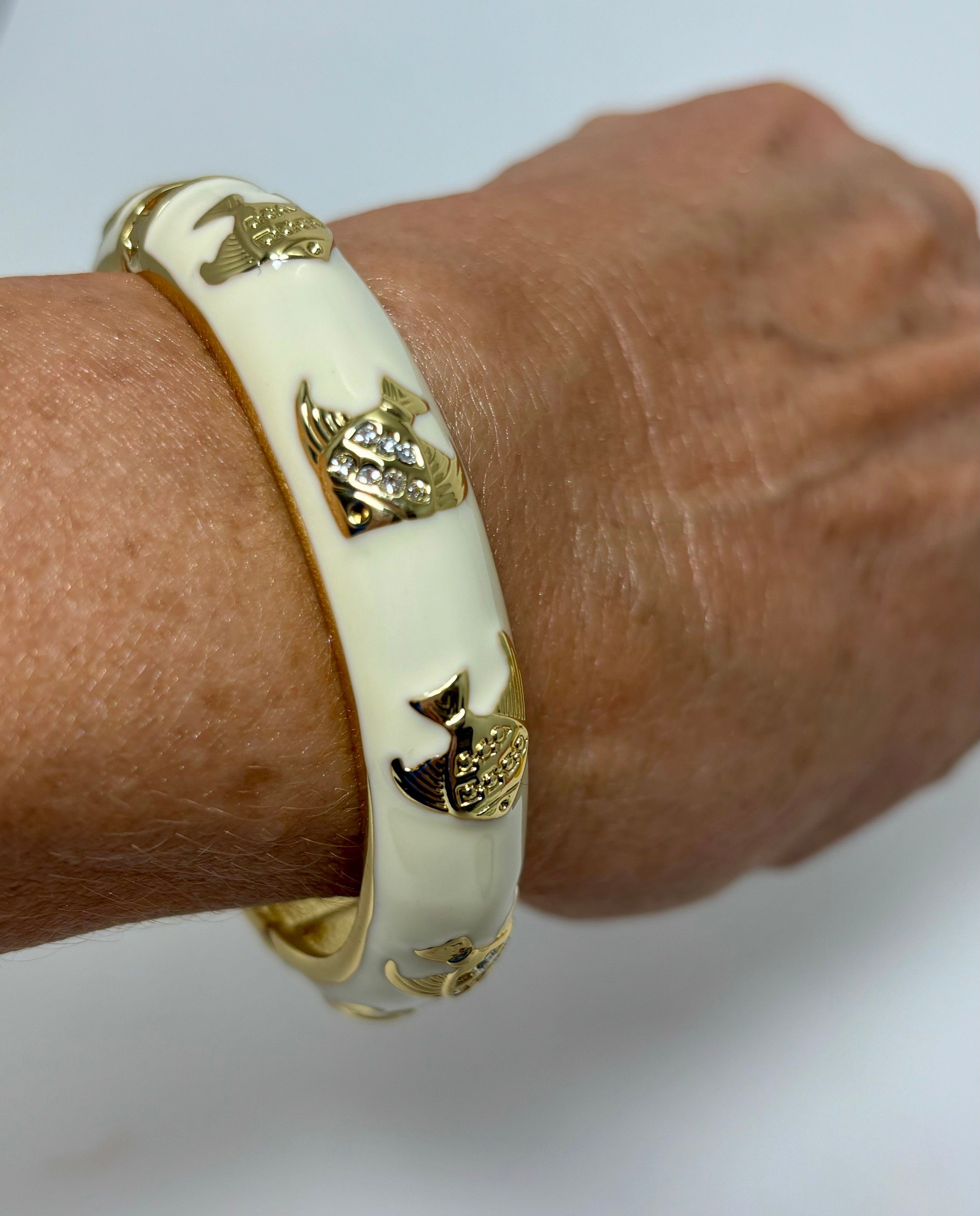 TALBOTS Cream Enamel Hinged Bangle: Gold Fish & Rhinestone Accents
