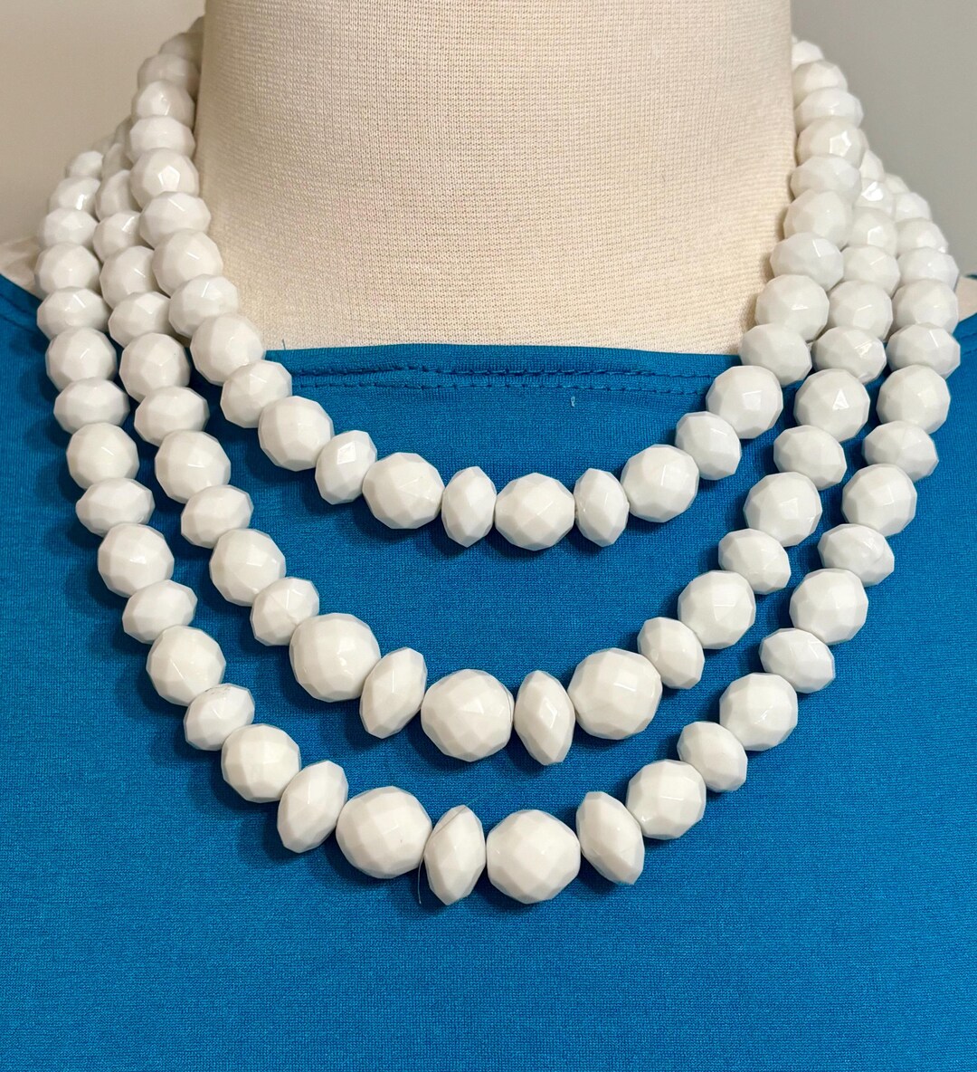Chunky White Bead Necklace: Three Strand Faceted Jewelry, Signed