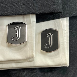 Vintage Swank Cufflinks: Silver Plate & Black Enamel Initial F Monogram