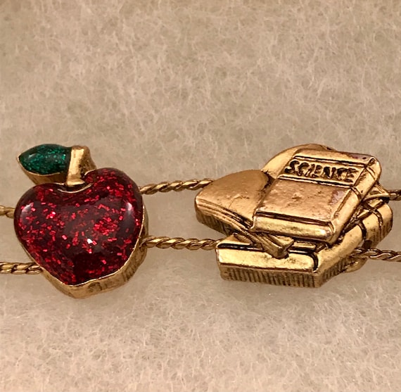 Science Teacher Charm Bracelet: Apple, Microscope, Books - Gold Tone View 3