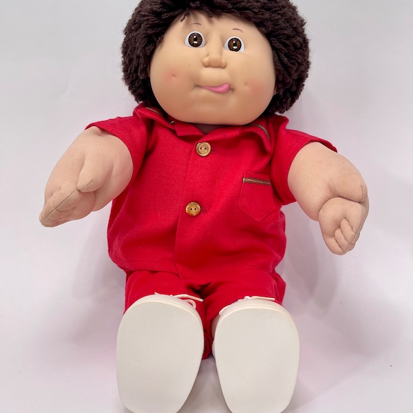Cabbage Patch Kid Boy Head Mold #11. Brown Fuzzy with Brown Eyes. Original Red Pajamas Outfit and Shoes. IC6 Factory
