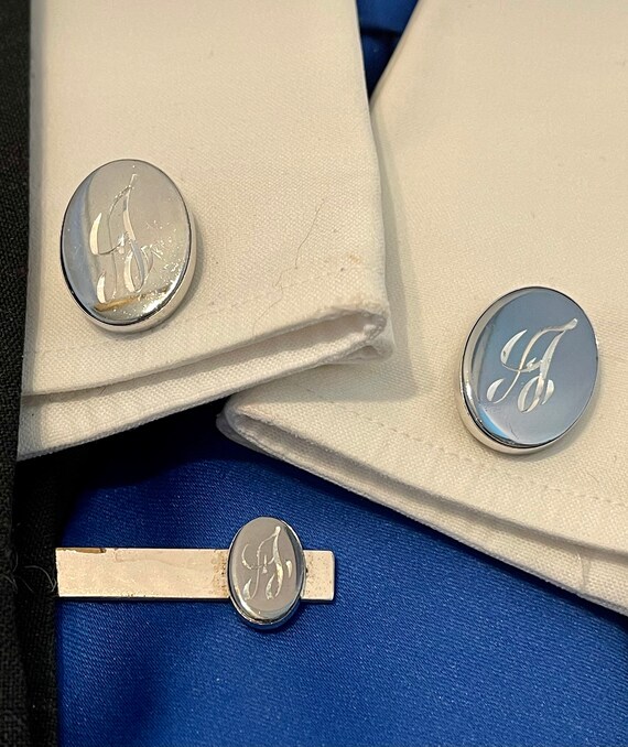Vintage Silver Tone Initial "A" Cufflinks and Tie… - image 1