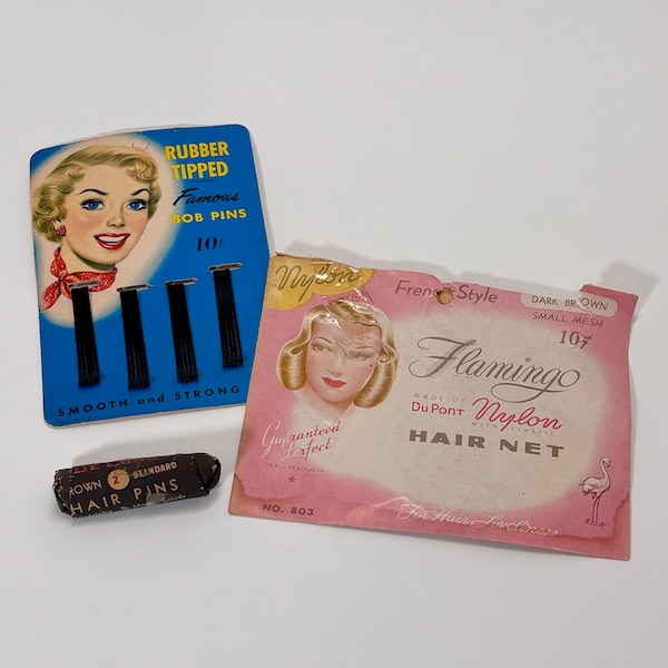 Vintage Hair Pins. Bobby Pins. De Long. Flamingo Nylon Hair Net. Hair Salon Display. Old Hair Styling Products