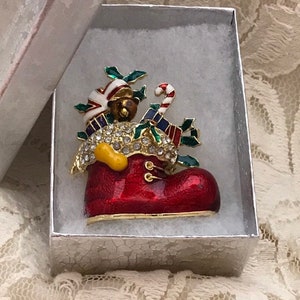 Vintage Christmas Stocking Brooch. Rhinestone & Enamel Xmas Shoe Boot with Candy Cane. Teddy Bear. Presents Gift Boxed