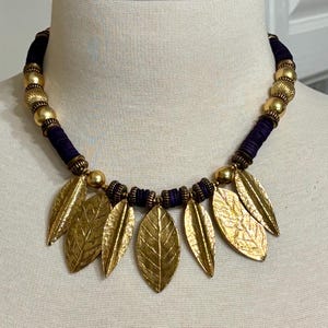 Vintage DAUPLAISE 19” Statement Necklace. Antiqued Gold &. Dark Purple. Leaf Charms Theme. Classic Dress Designer Jewelry. Gift Boxed