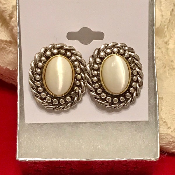 Signed ROMAN Earrings. Moon Glow Lucite Cabochon in Two Tone Frame. Posts for Pierced Ears.  Gift Boxed