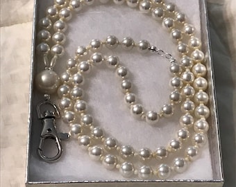 White Pearl Lanyard,  Name Tag Holder, Classic Pearl Beaded Badge Holder, Gifts Under Twenty. Coworker Gift, Teacher Gift, Jewelry for Work.