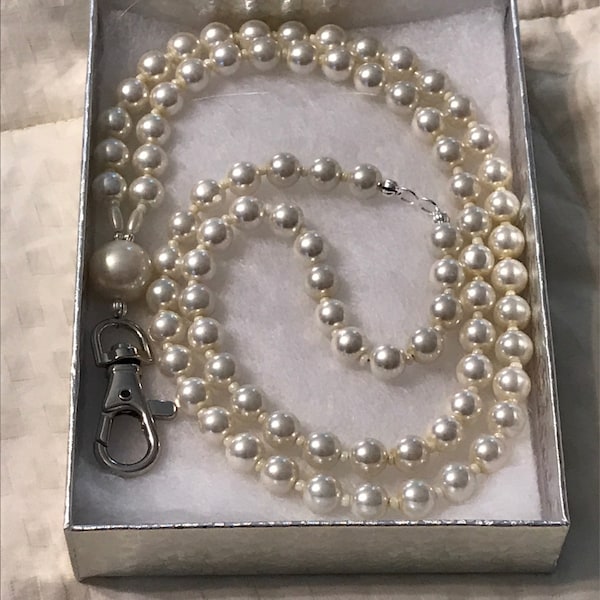 White Pearl Lanyard,  Name Tag Holder, Classic Pearl Beaded Badge Holder, Gifts Under Twenty. Coworker Gift, Teacher Gift, Jewelry for Work.