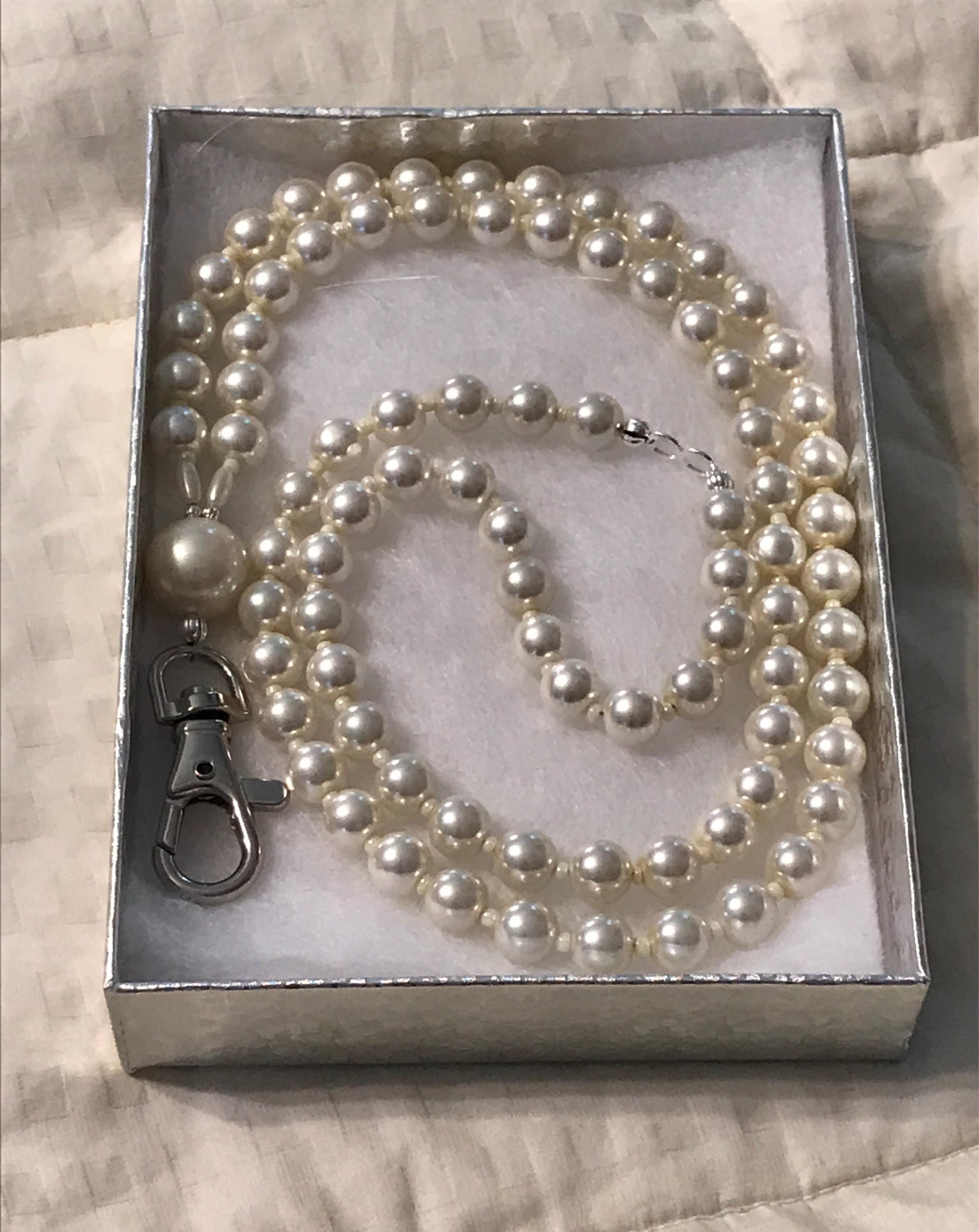 White Pearl Lanyard: Beaded Name Tag Badge Holder, Coworker Gift