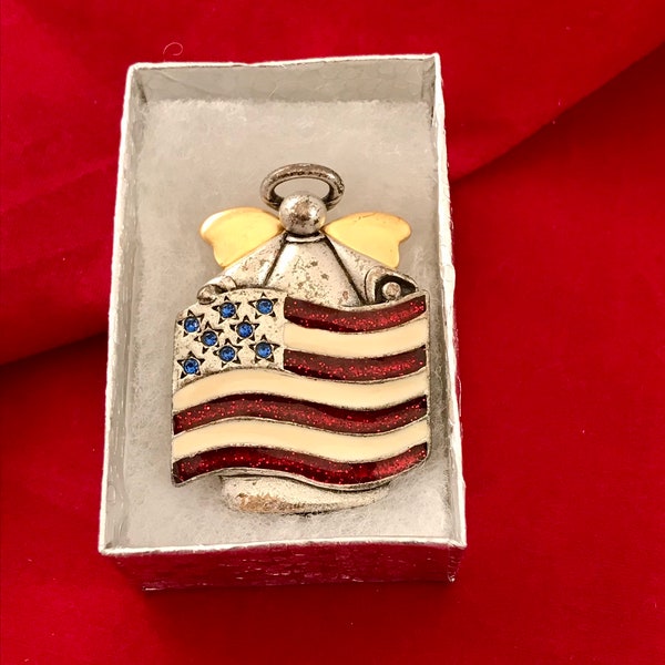 Angel US Flag Brooch. Signed AJMC. Pewter Collectible Patriotic Jewelry. Gift Boxed. Fifteen Dollar History Teacher Gift