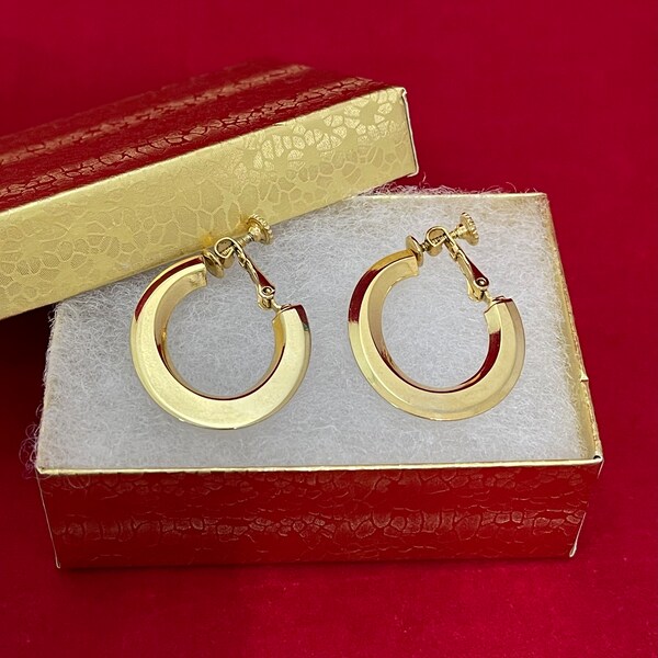 Gold Hoop Earrings with Hinged Screw Backs for Non Pierced Ears. Gift Boxed