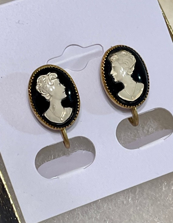 Cameo Earrings. Black Glass Intaglio  with Screw … - image 1