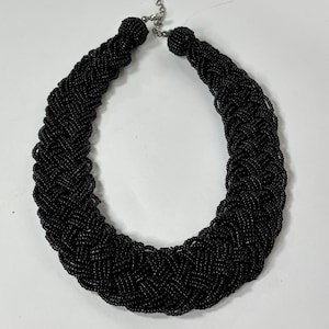 Vintage Black Seed Bead Braided Choker Necklace: Wide Collar, 1980s Jewelry