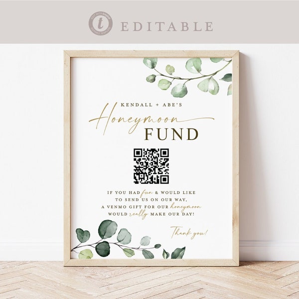 Honeymoon Fund QR Code Wedding Sign . Venmo Wedding Honeymoon Cash Gift Sign Printable Template . Greenery . Instant Download Templett G2-T