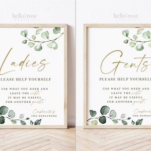 Hochzeit Badezimmer Korb druckbare Schilder. Damen und Herren Hochzeitstoilette. Bitte bedienen Sie sich. Grün und Gold. Sofort Download G2