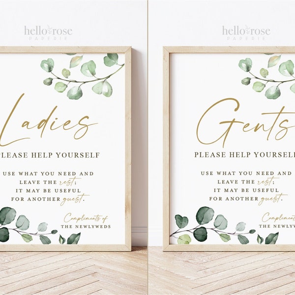 Wedding Bathroom Basket Printable Signs . Ladies and Gents Wedding Restroom . Please Help Yourself . Greenery and Gold . Instant Download G2