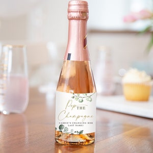 Pop the Champagne Personalized Mini Champagne Bottle Favor Label . Greenery and Gold . Bridal Bachelorette Hens . PRINTABLE Digital Download