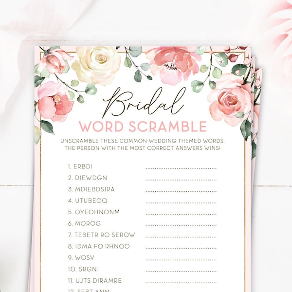 Word Scramble Bridal Shower Game . Printable Wedding Shower . Hen Bachelorette Party . Pink Rose Eucalyptus . Instant Download