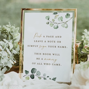 Pick a Page and Leave a Note Memory Guestbook Sign PRINTABLE . Greenery & Gold . Wedding Shower Guest Book Table Sign . Instant Download G2
