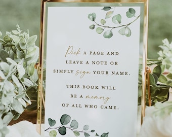 Pick a Page and Leave a Note Memory Guestbook Sign PRINTABLE . Greenery & Gold . Wedding Shower Guest Book Table Sign . Instant Download G2