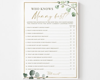 Who Knows Mommy Best Printable Baby Shower Game . How Well Do You Know Mommy to be . Greenery and Gold . Instant Download . G2