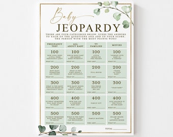 Baby Jeopardy Printable Baby Shower Game . Greenery and Gold . Printable Icebreaker . Sip and See Gender Reveal . Instant Download . G2