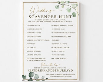 Wedding Photo Scavenger Hunt Personalized Game . Wedding Reception Game with Hashtag . I Spy Camera . Greenery Gold . Printable Download G2