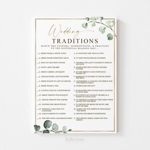 Wedding Traditions Bridal Shower Trivia Guessing Game . Greenery and Gold . Wedding Hens Bachelorette Party . Printable Instant Download G2