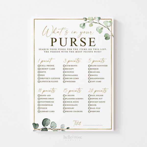 What's In Your Purse Game for Baby Shower or Bridal Shower . Printable . Greenery and Gold . Fun Boho Rustic Game . Instant Download G2