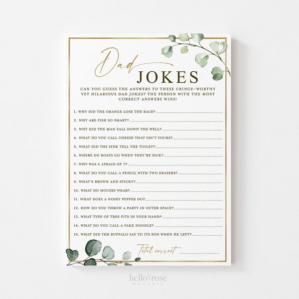 Dad Jokes Printable Baby Shower Game . Greenery and Gold . Printable Icebreaker . Sip and See Gender Reveal . Instant Download . G2