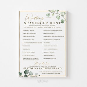 Wedding Photo Scavenger Hunt Personalized Game . Wedding Reception Game with Hashtag . I Spy Camera . Greenery Gold . Printable Download G2