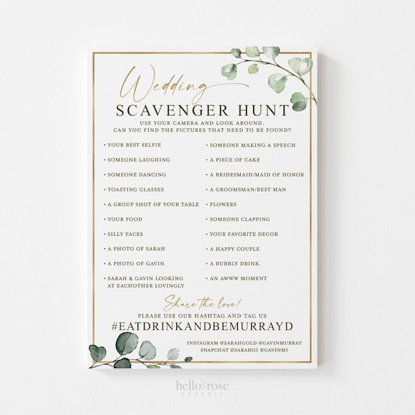 Wedding Photo Scavenger Hunt Personalized Game . Wedding Reception Game with Hashtag . I Spy Camera . Greenery Gold . Printable Download G2