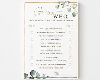Guess Who Said It . Bride or Groom Bridal Shower Printable Game . Greenery and Gold . Hens Bachelorette Party . Instant Download G2