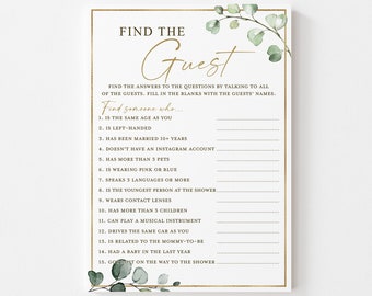 Find the Guest Baby Shower PRINTABLE Game . Greenery and Gold . Printable Icebreaker . Sip and See Gender Reveal . Instant Download . G2