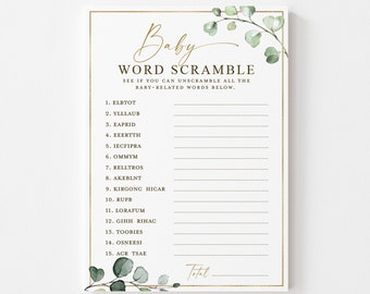 Può includere: Una carta da gioco rettangolare Baby Word Scramble con bordo dorato, illustrazioni di foglie di eucalipto verdi e quindici parole mescolate a tema neonato con linee vuote per le risposte su uno sfondo bianco.