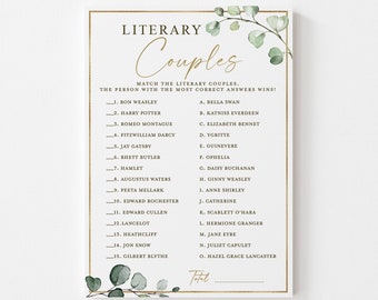 Literary Couples Printable Bridal Shower Wedding Game . Famous Couples Quiz . Greenery and Gold . Bachelorette Party . Instant Download G2
