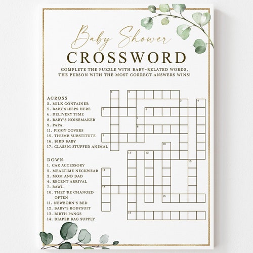 Baby Shower Crossword Printable Game . Greenery and Gold . Etsy