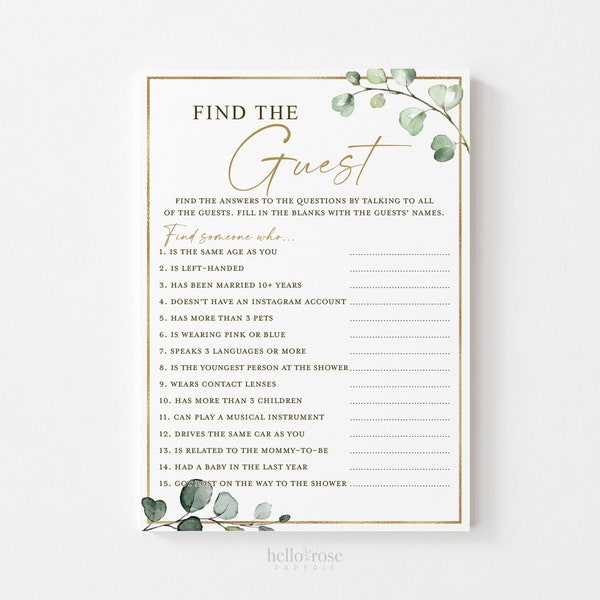 Find the Guest Baby Shower PRINTABLE Game . Greenery and Gold . Printable Icebreaker . Sip and See Gender Reveal . Instant Download . G2