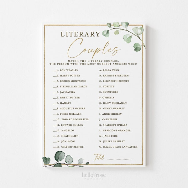 Literary Couples Printable Bridal Shower Wedding Game . Famous Couples Quiz . Greenery and Gold . Bachelorette Party . Instant Download G2