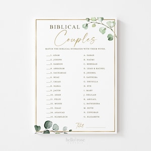 Biblical Bible Couples Printable Bridal Shower Wedding Game . Famous Couples Quiz . Greenery and Gold . Instant Download G2