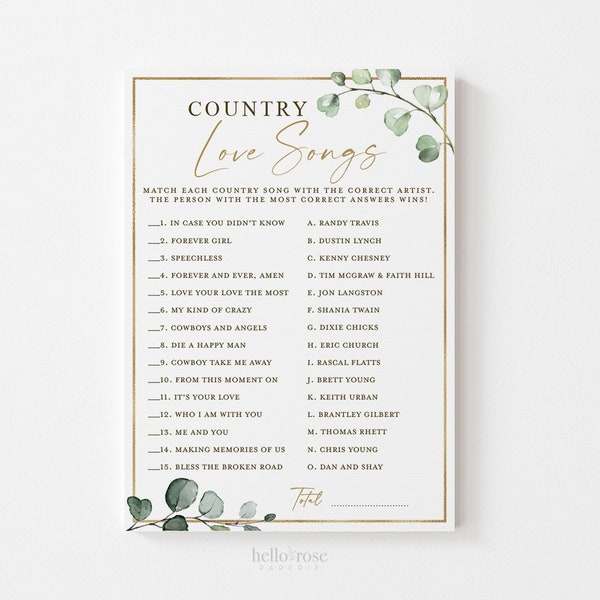 Country Love Songs Bridal Shower Trivia Game . Greenery and Gold . Printable Icebreaker . Hens Bachelorette Party . Instant Download G2