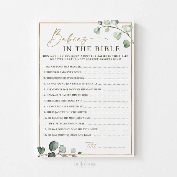 Babies in the Bible Baby Shower Trivia PRINTABLE Game . Greenery Gold . Christian Religious Biblical Baby Shower Games . Instant Download G2