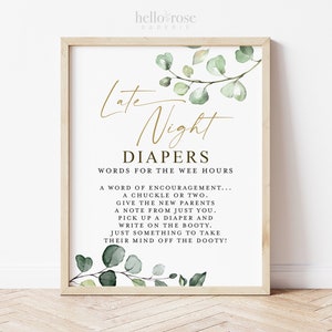 Late Night Diapers Words for the Wee Hours Baby Shower Game Table Sign . Boy Girl Neutral . Greenery + Gold Boho . 8x10 Instant Download G2