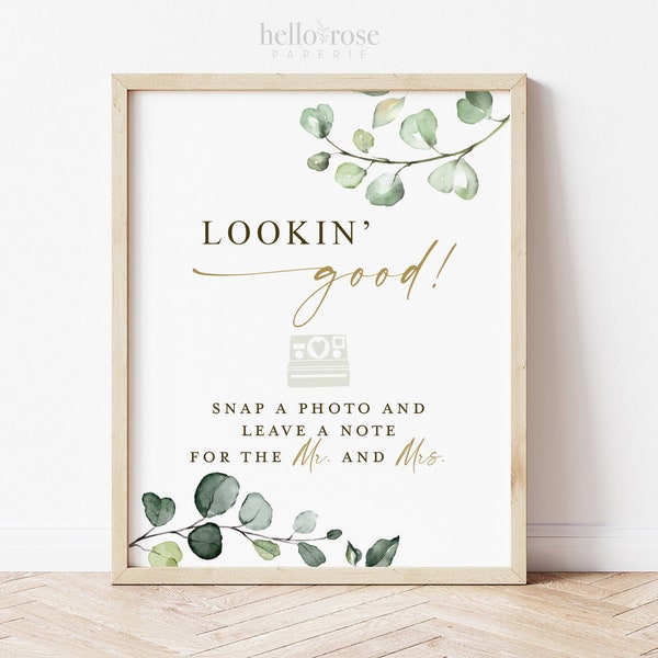 Photo Guest Book Lookin Good Printable Sign . Greenery and Gold . Wedding Bridal Shower Engagement Bachelorette . 8x10 Instant Download G2