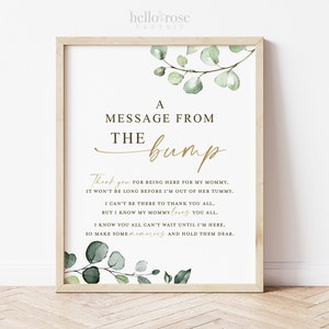 A Message From the Bump PRINTABLE . Baby Shower Baby Bump Sign . Message From Baby . Greenery and Gold . Instant Download 8x10 G2