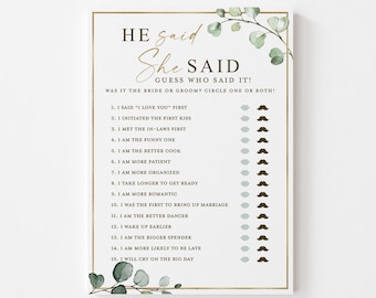 He Said She Said Who Said It Bridal Shower Printable Game . Bride Groom . Greenery and Gold . Hens Bachelorette Party . Instant Download G2