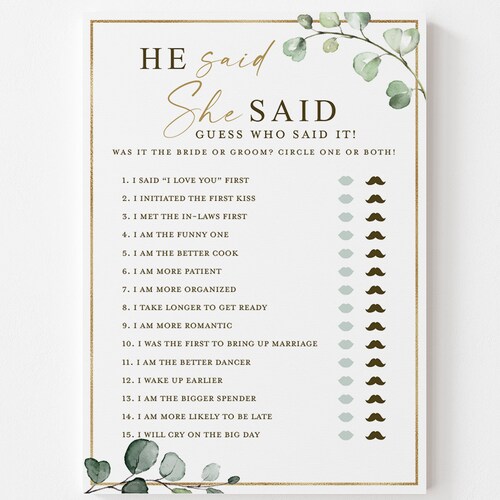 He Said She Said Bridal Shower Game Cards – Set Of 30 Gold Champagne Theme Cards For Wedding Parties